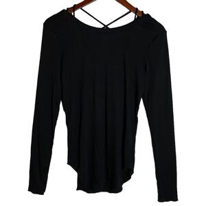 Chaser Ribbed Black Tunic Long Sleeve T-Shirt w Open Back Criss Cross Straps M
